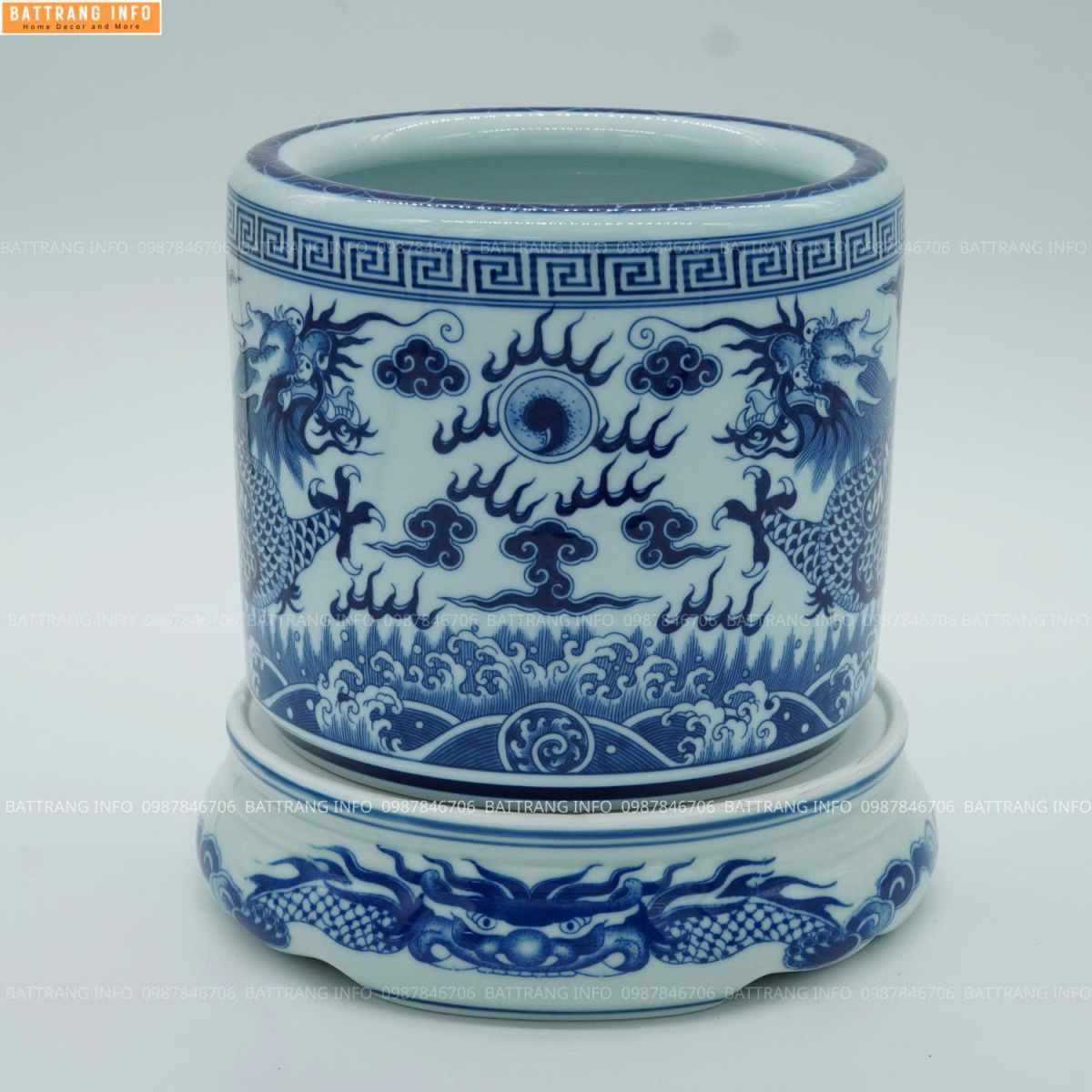 Bát Hương Men Lam Vẽ Tay Song Long Chầu Nguyệt Cao Cấp Bát Tràng