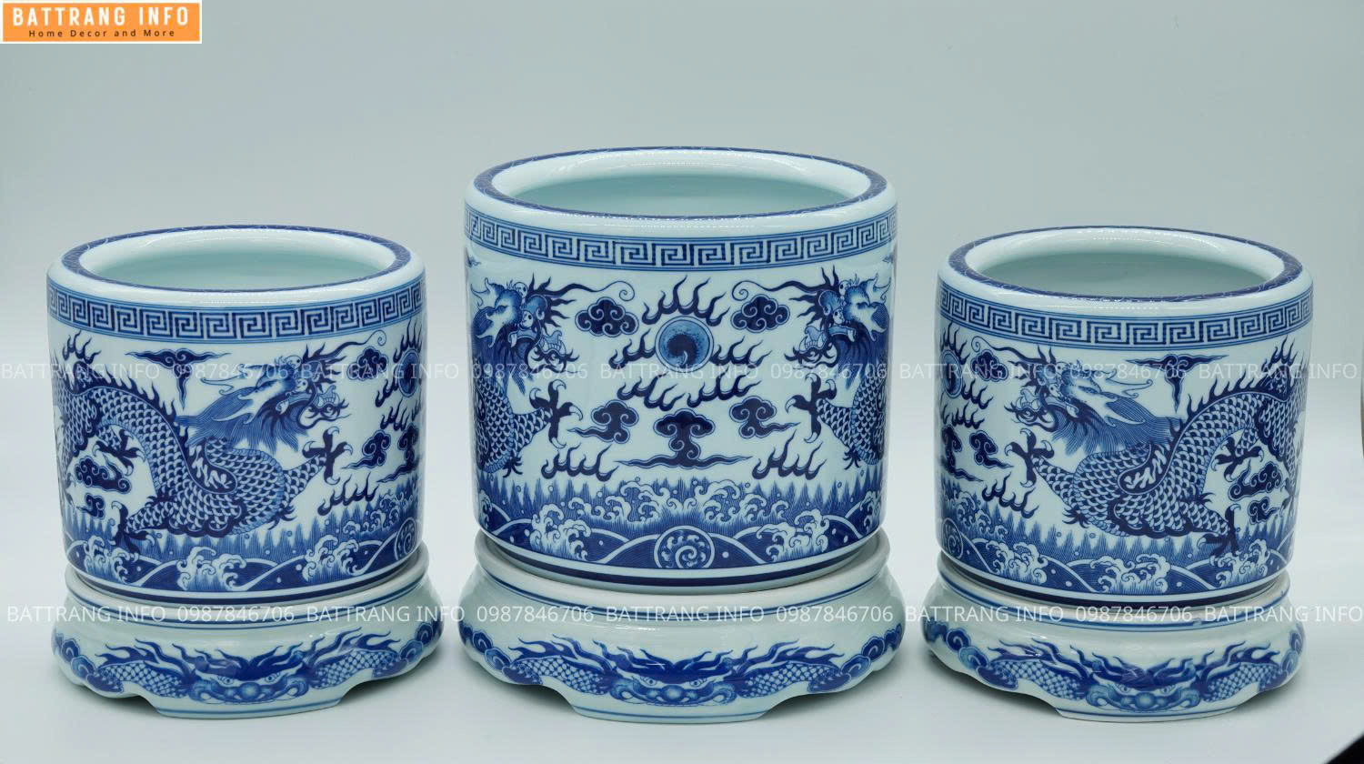 Bát Hương Men Lam Vẽ Tay Song Long Chầu Nguyệt Cao Cấp Bát Tràng