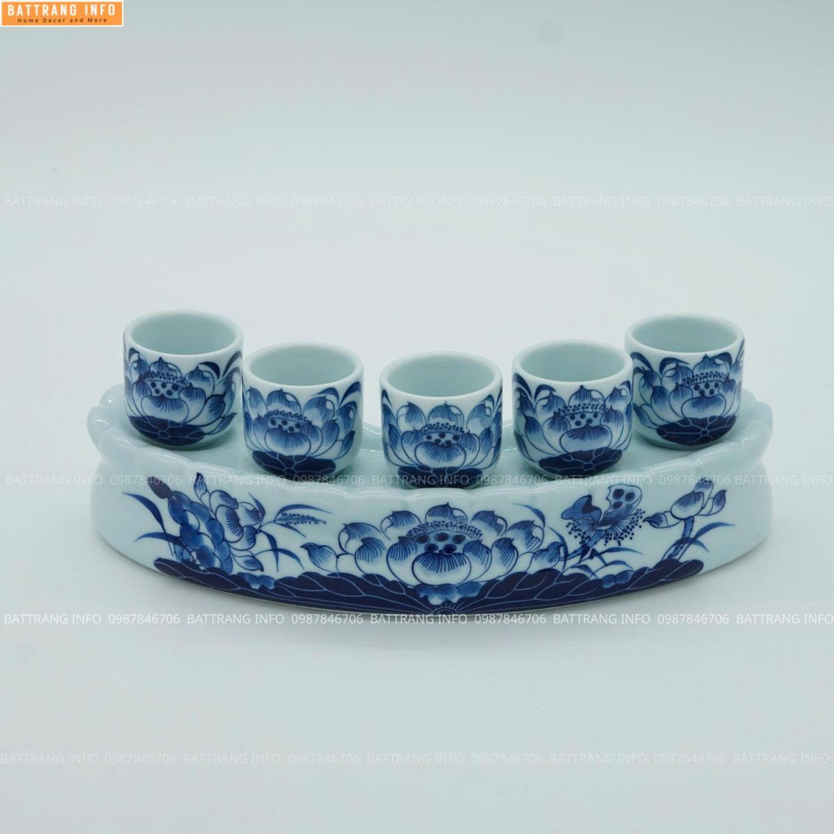 Bộ kỷ 5 chén cong men rong " khử " vẽ sen cao cấp Bát Tràng