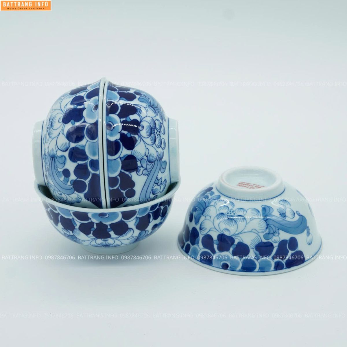 Bát Cúng Men Lam Vẽ Tay Hoa Sen Cao Cấp Bát Tràng