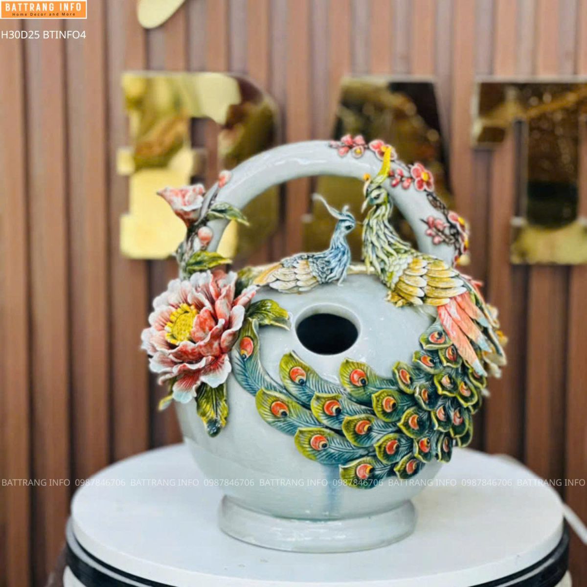 Bình Vôi Chim Công Đắp Nổi Cao Cấp Bát Tràng Cao 30cm