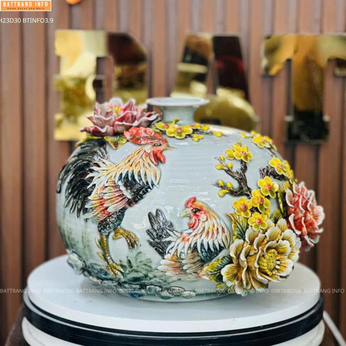 Bình hút lộc Kim Kê đắp nổi cao cấp Bát Tràng cao 23cm