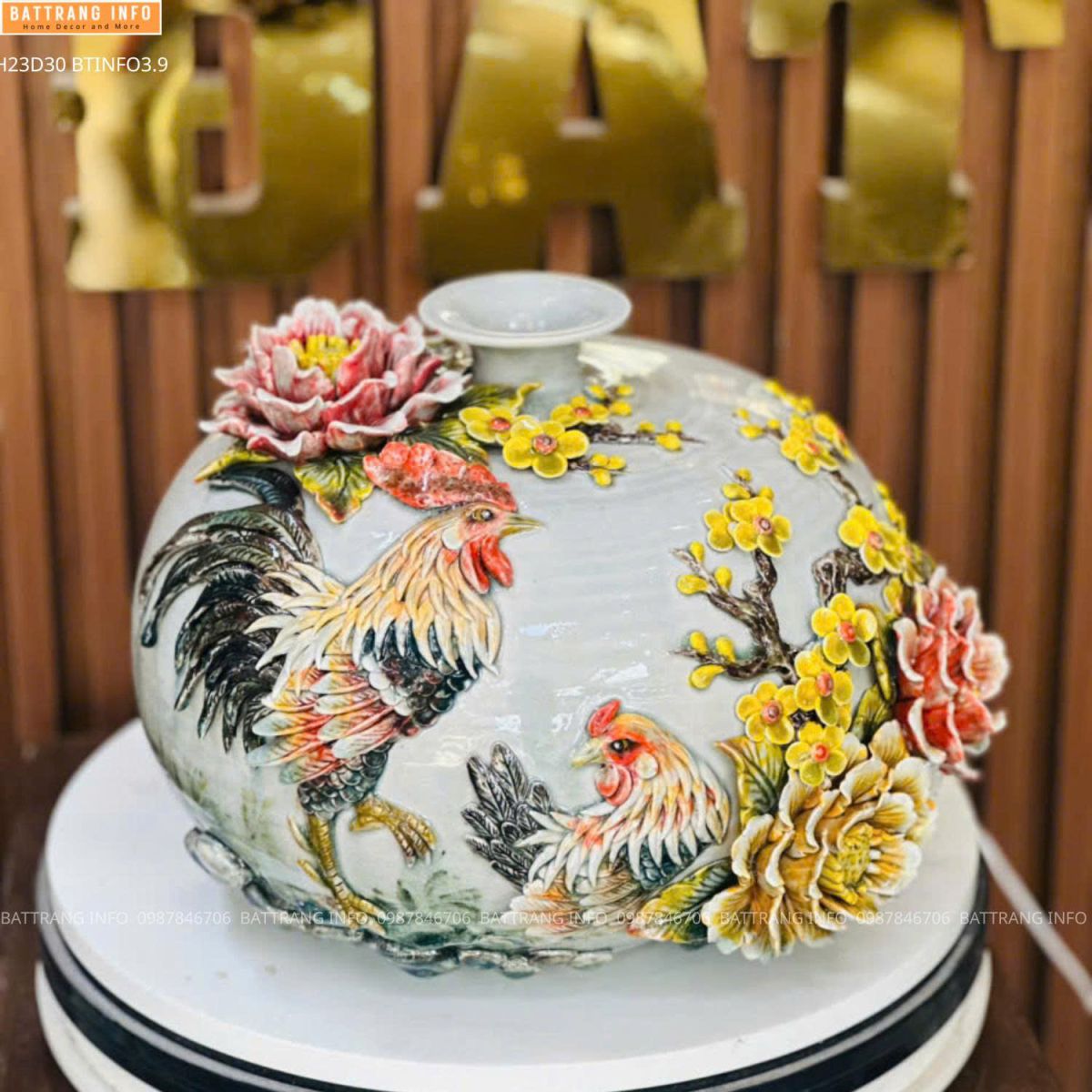 Bình hút lộc Kim Kê đắp nổi cao cấp Bát Tràng cao 23cm