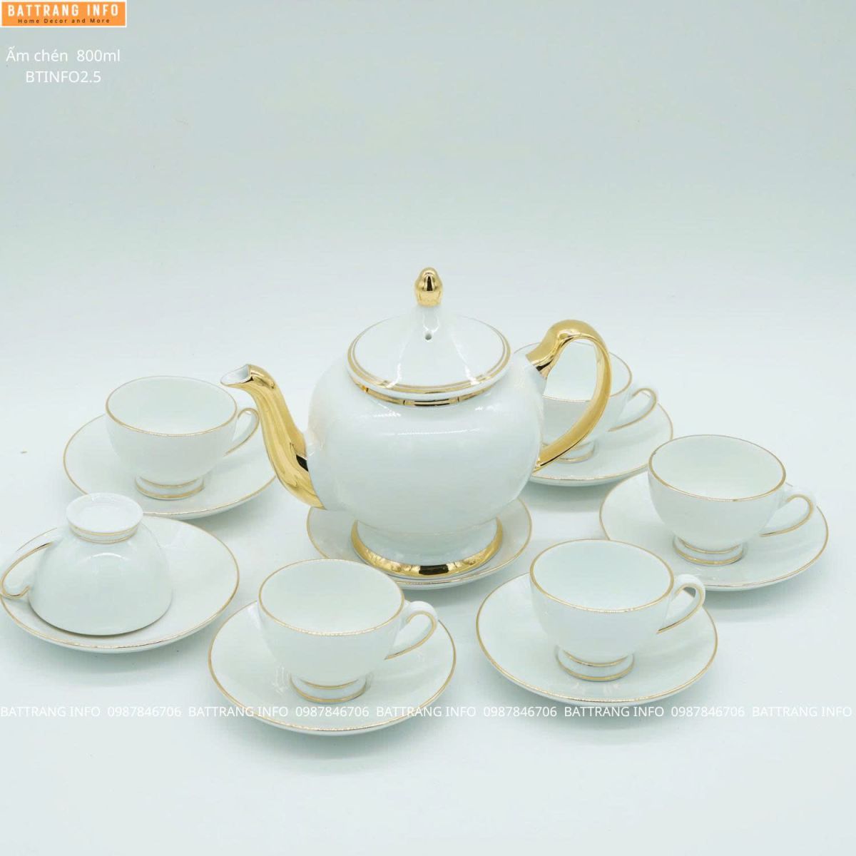 Bộ Ấm Chén Trắng Hoàng Cung Chỉ Vàng 800ml Cao Cấp Bát Tràng – Tinh Hoa Gốm Sứ Việt