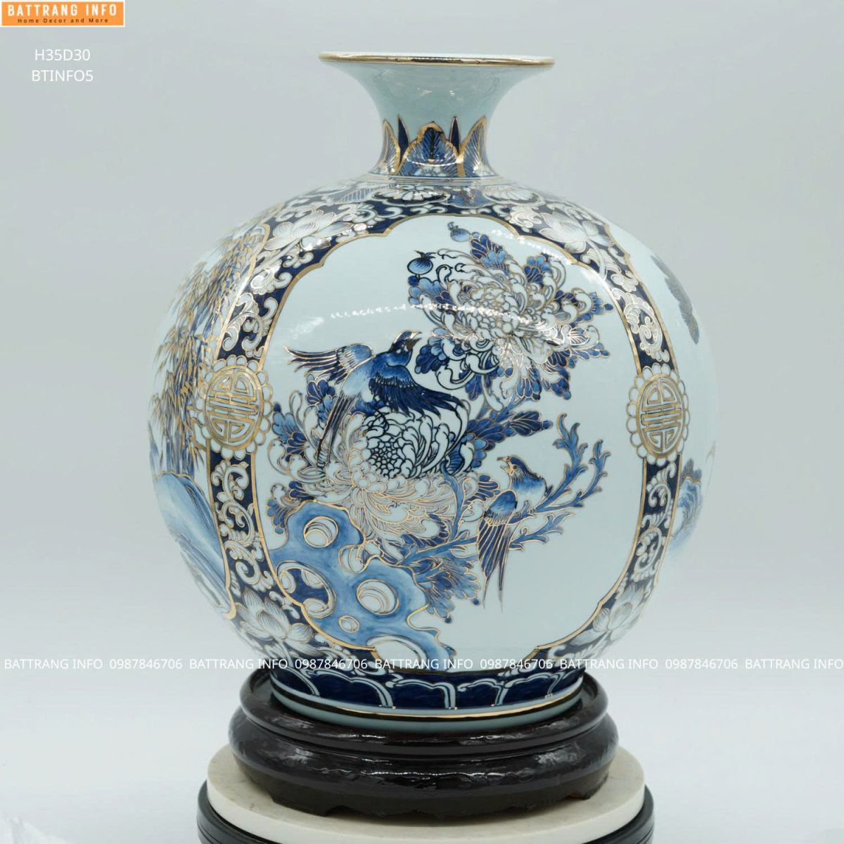 Bình Hút Tài Lộc Tứ Cảnh Men Lam Vẽ Vàng 24K Cao 35cm