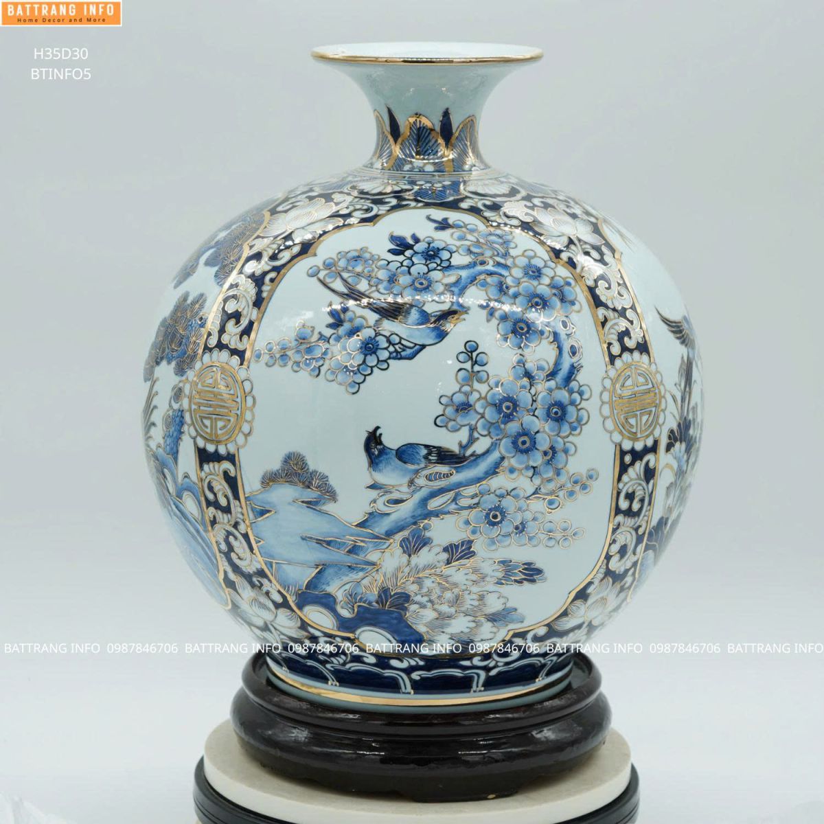 Bình Hút Lộc Tứ Cảnh Cao 35cm Vẽ Tay Cao Cấp Bát Tràng