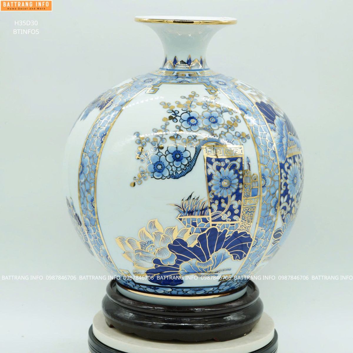 Bình Hút Tài Lộc Tứ Cảnh Cổ Đồ Men Lam Vẽ Vàng 24K Cao 35cm