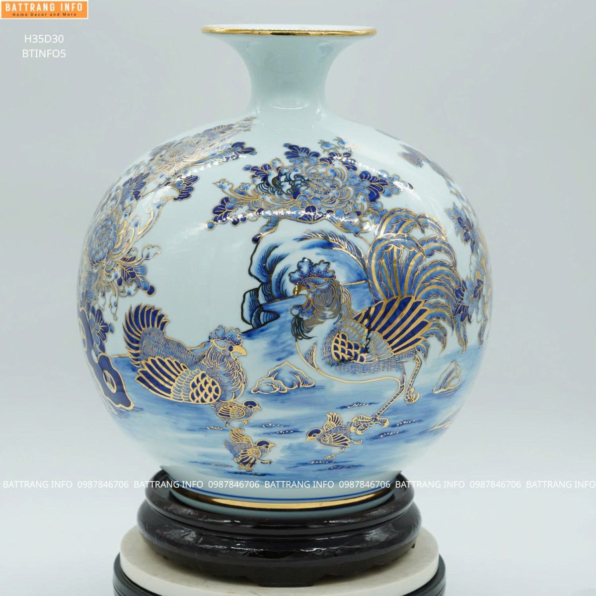 Bình Hút Lộc Kim Kê Đại Cát Men Lam Vẽ Vàng 24K Cao 35cm