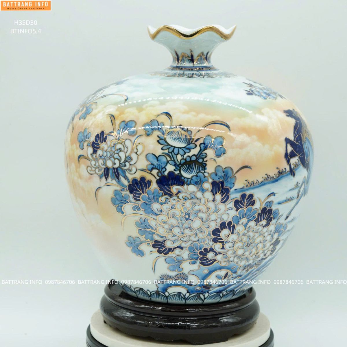 Bình Hút Lộc Mã Đáo Thành Công Cao 35cm Vẽ Vàng 24K Cao Cấp Bát Tràng