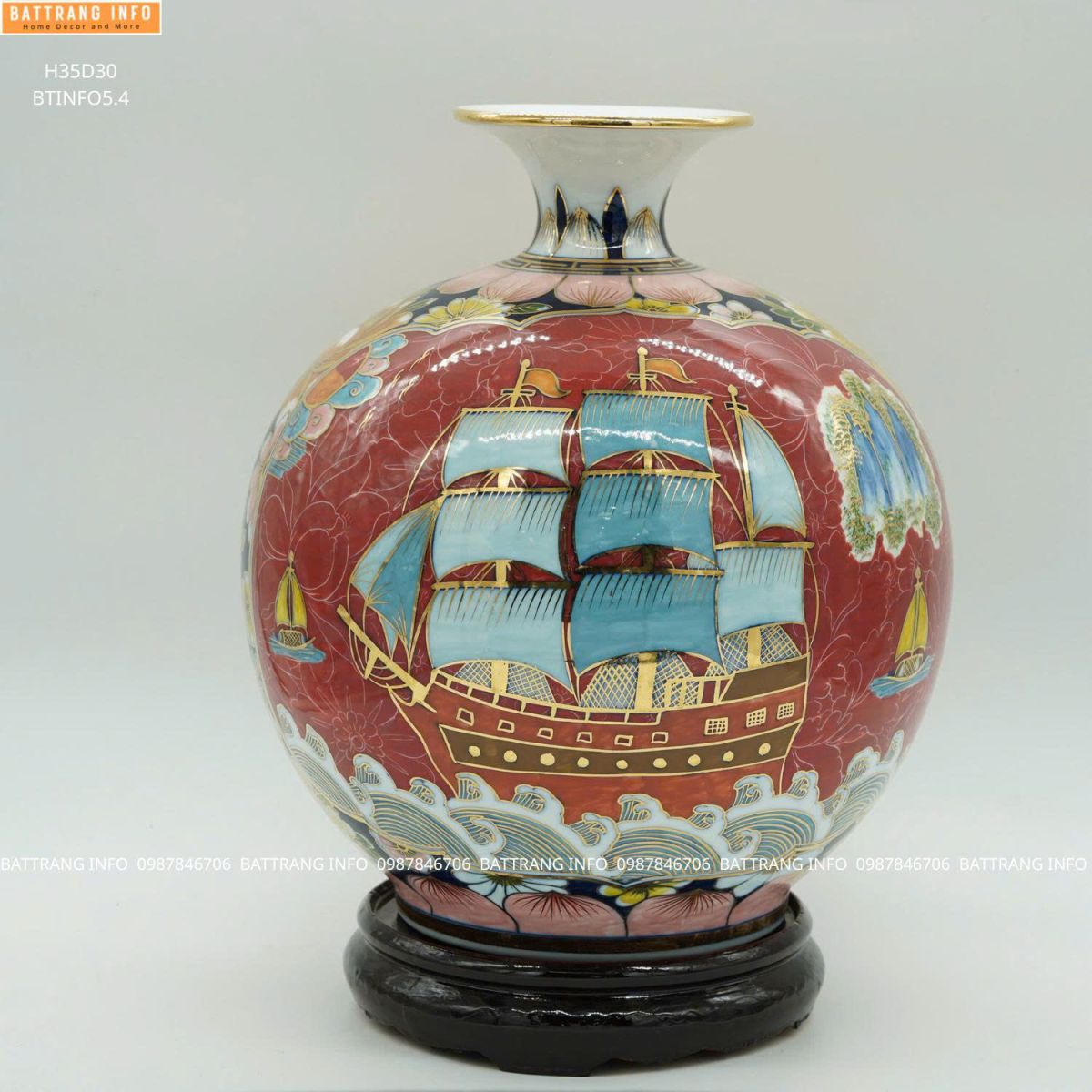 Bình Hút Lộc Nhị Cảnh Thuận Buồm Xuôi Gió & Công Danh Phú Quý Vẽ Vàng 24K – Tượng Trưng Cho Tài Lộc – Công Danh – Sự Nghiệp Hanh Thông