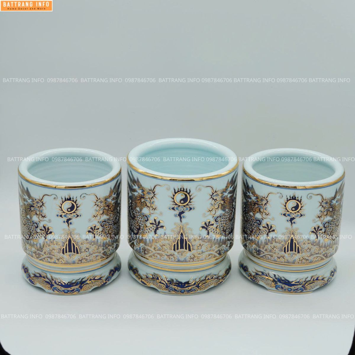 Bát Hương Men Lam Khử Vuốt Tay Vẽ Vàng 24K Cao Cấp Bát Tràng P22 2