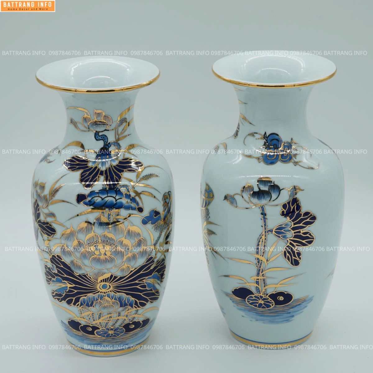 Lọ Hoa Men Lam Khử Vẽ Tay Vẽ Vàng 24K Họa Tiết Hoa Sen Cao Cấp Bát Tràng H45 2