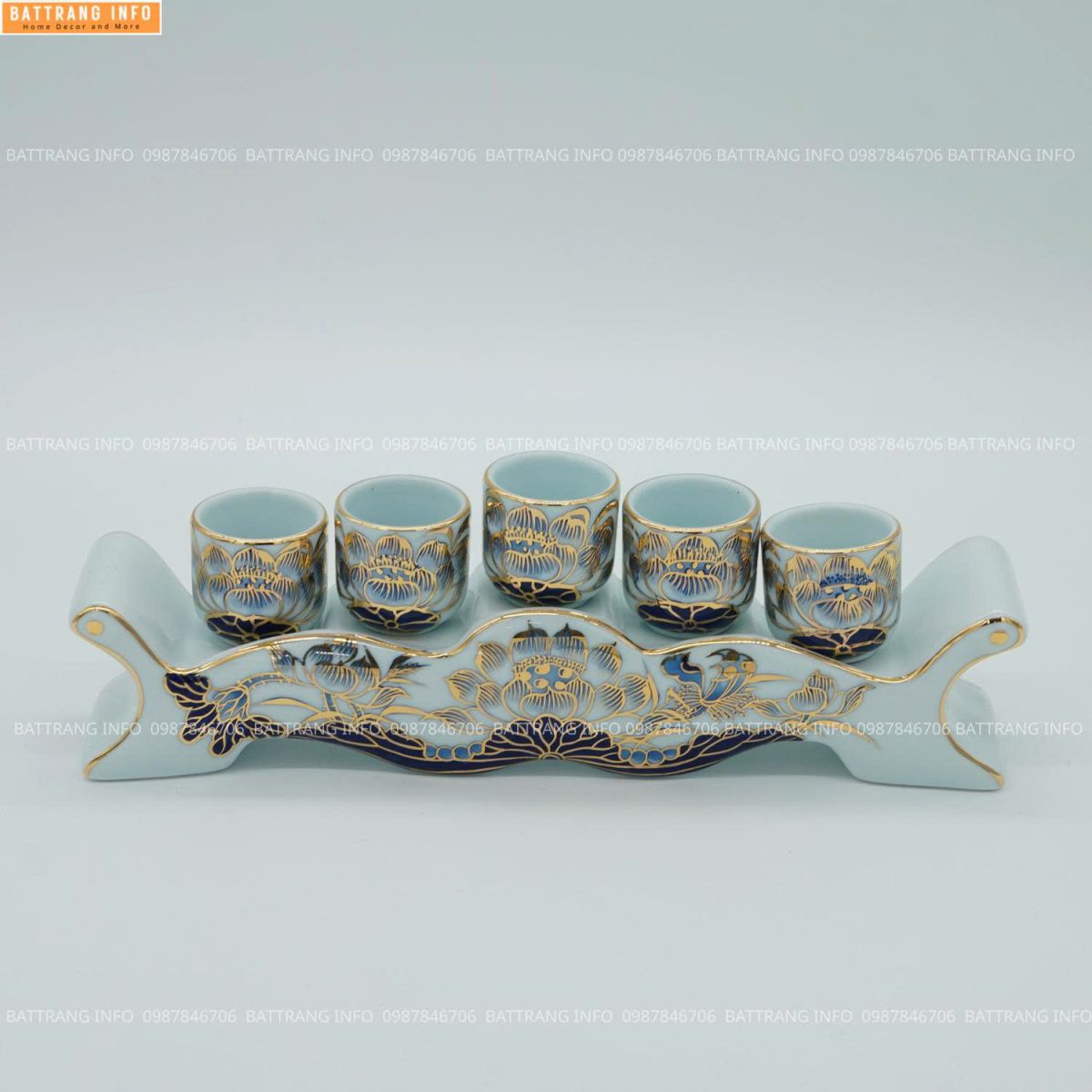 Kỷ ngai 5 chén men lam vẽ vàng 24K cao cấp Bát Tràng
