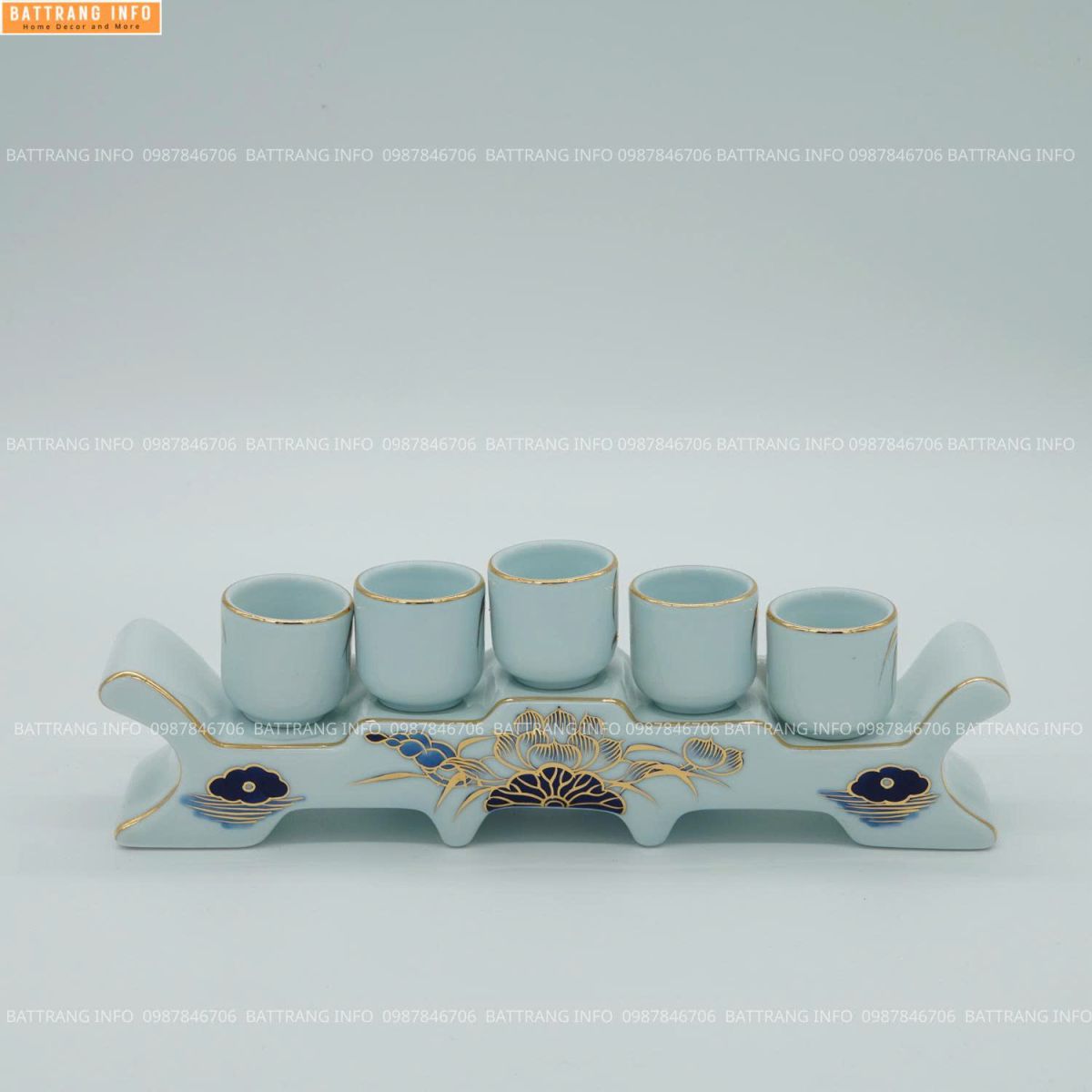 Kỷ ngai 5 chén men lam vẽ vàng 24K cao cấp Bát Tràng 2