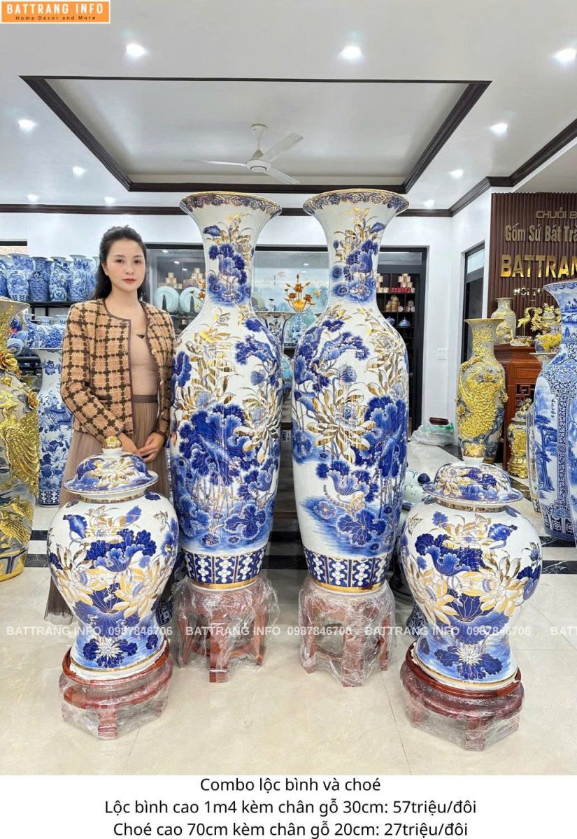 Combo Lộc Bình Và Choé Sen Phú Quý Vẽ Vàng 24K Cao Cấp Bát Tràng