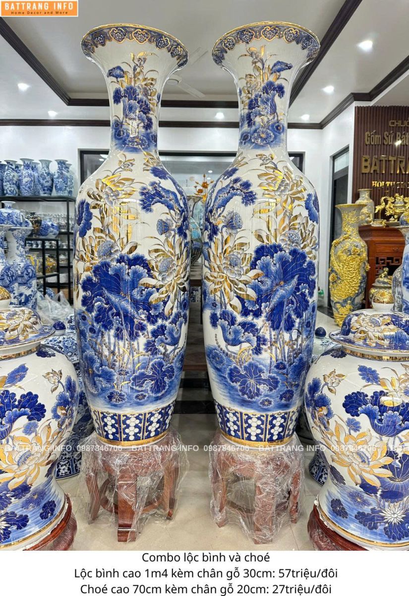 Combo Lộc Bình Và Choé Sen Phú Quý Vẽ Vàng 24K Cao Cấp Bát Tràng 2