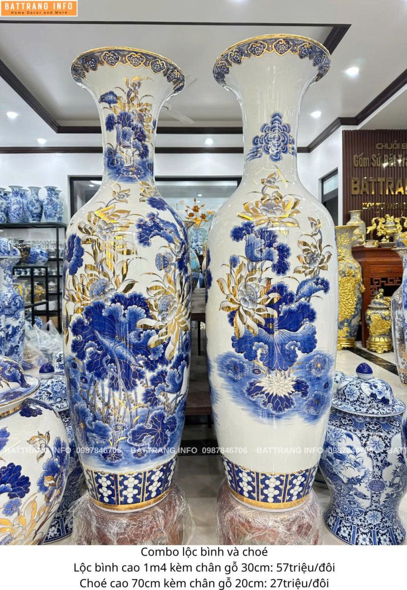 Combo Lộc Bình Và Choé Sen Phú Quý Vẽ Vàng 24K Cao Cấp Bát Tràng