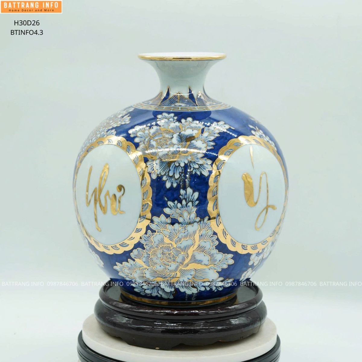 Bình hút lộc chữ Vạn Sự Như Ý cao 30cm vẽ vàng 24k cao cấp Bát Tràng