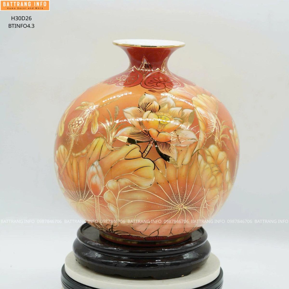 Bình Hút Tài Lộc Sen Phú Quý Vẽ Vàng 24K Cao 30cm