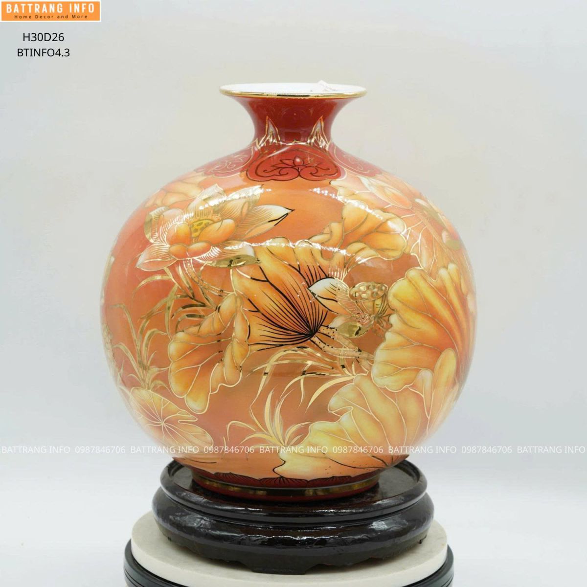 Bình Hút Tài Lộc Sen Phú Quý Vẽ Vàng 24K Cao 30cm 2