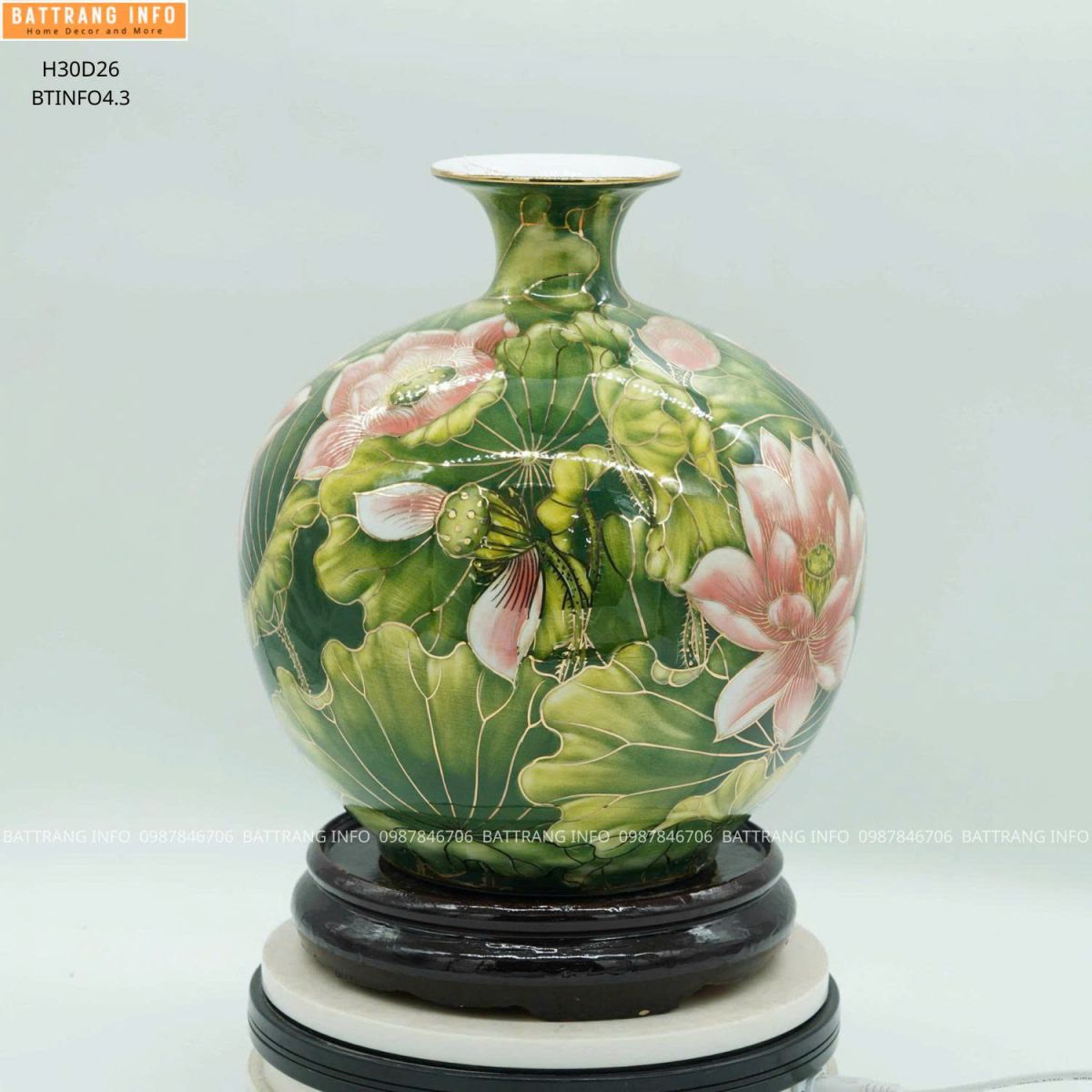 Bình Hút Tài Lộc Sen Phú Quý Vẽ Vàng 24K Cao 30cm