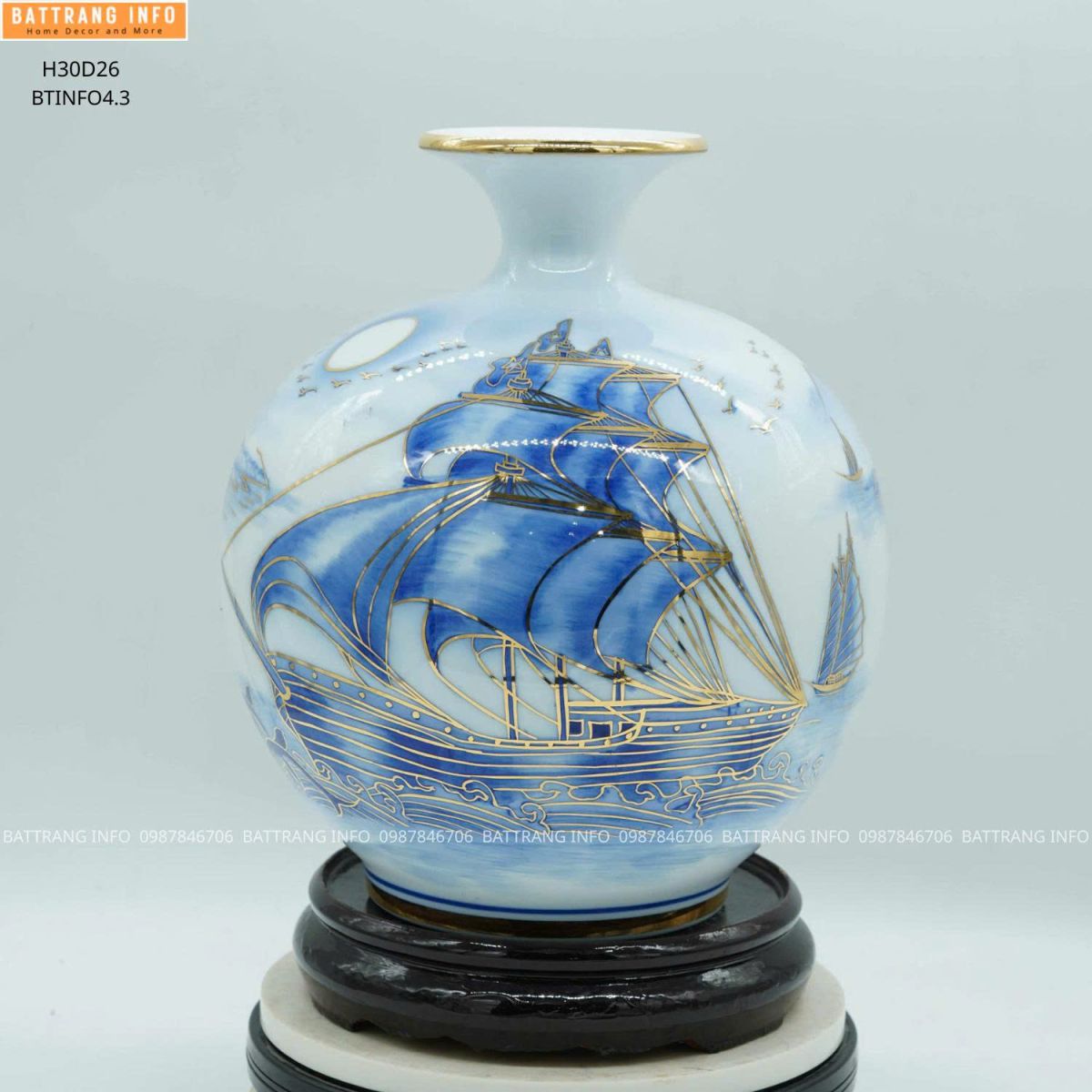 Bình Hút Lộc Thuận Buồm Xuôi Gió Cao 30cm Vẽ Vàng 24K Cao Cấp Bát Tràng