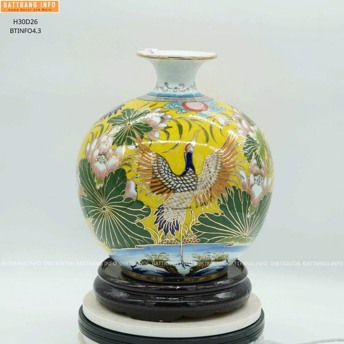 Bình Hút Tài Lộc Sen Hạc Vẽ Vàng 24K Cao 30cm