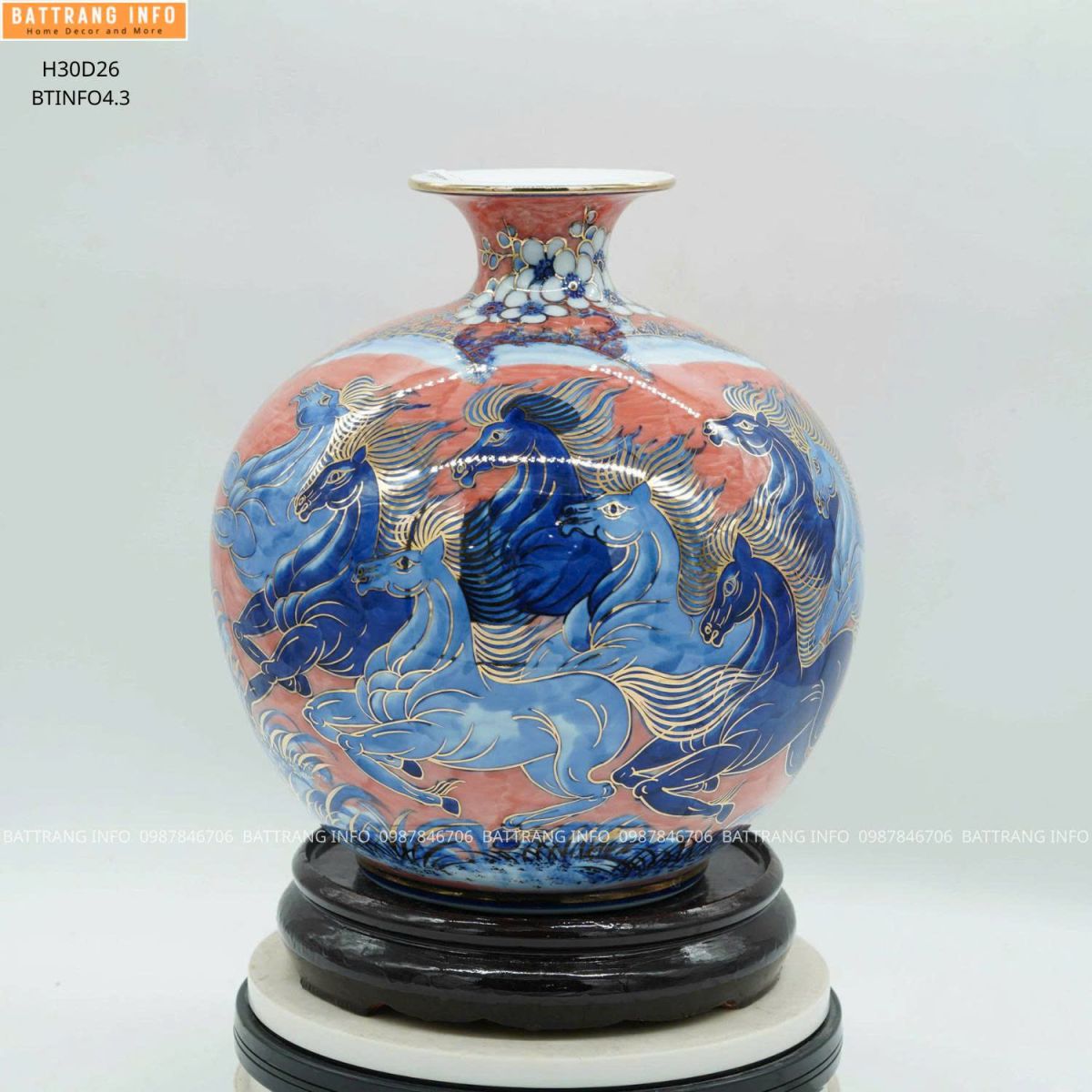 Bình Hút Lộc Mã Đáo Thành Công Cao 30cm Vẽ Vàng 24K Cao Cấp Bát Tràng