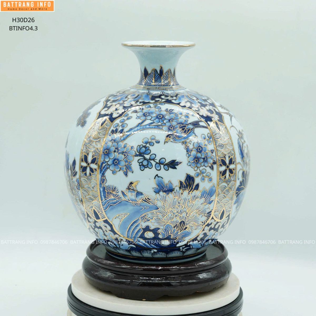 Bình Hút Tài Lộc Tứ Cảnh Men Lam Vẽ Vàng 24K Cao 30cm 2