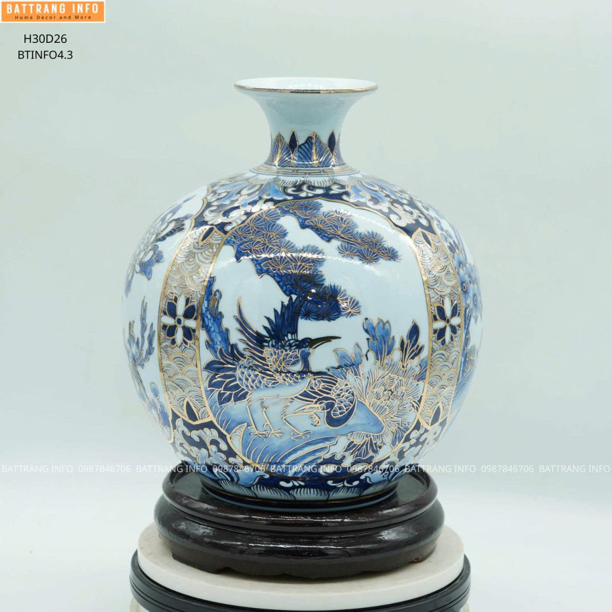 Bình Hút Tài Lộc Tứ Cảnh Men Lam Vẽ Vàng 24K Cao 30cm