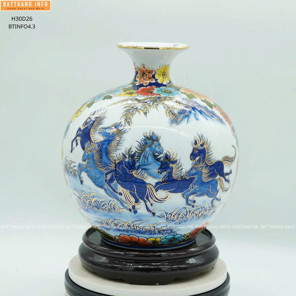 Bình Hút Tài Lộc Nhị Cảnh Thuận Buồm Xuôi Gió & Mã Đáo Thành Công Men Lam Vẽ Vàng 24K Cao 30cm 2