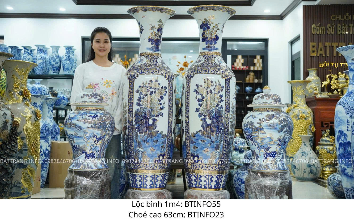 Lộc Bình Tứ Cảnh 1m4  Men Lam Vẽ Vàng 24K Cao Cấp Bát Tràng