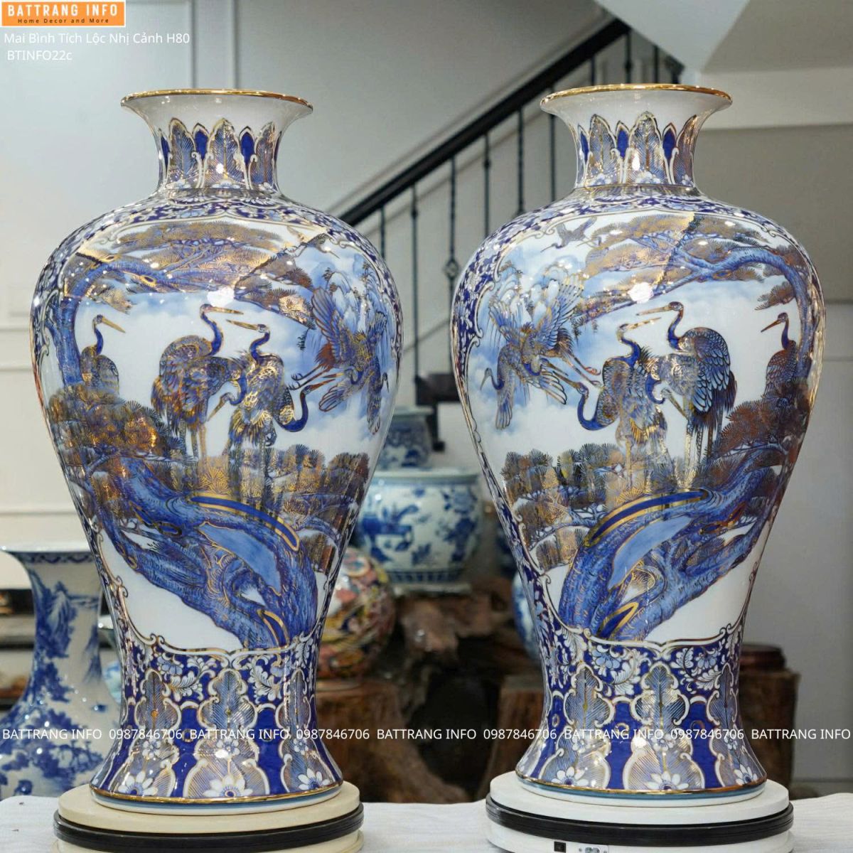 Mai Bình Tích Lộc Nhị Cảnh Tùng Hạc – Công Danh Phú Quý Cao 80cm Vẽ Vàng 24K Cao Cấp Bát Tràng