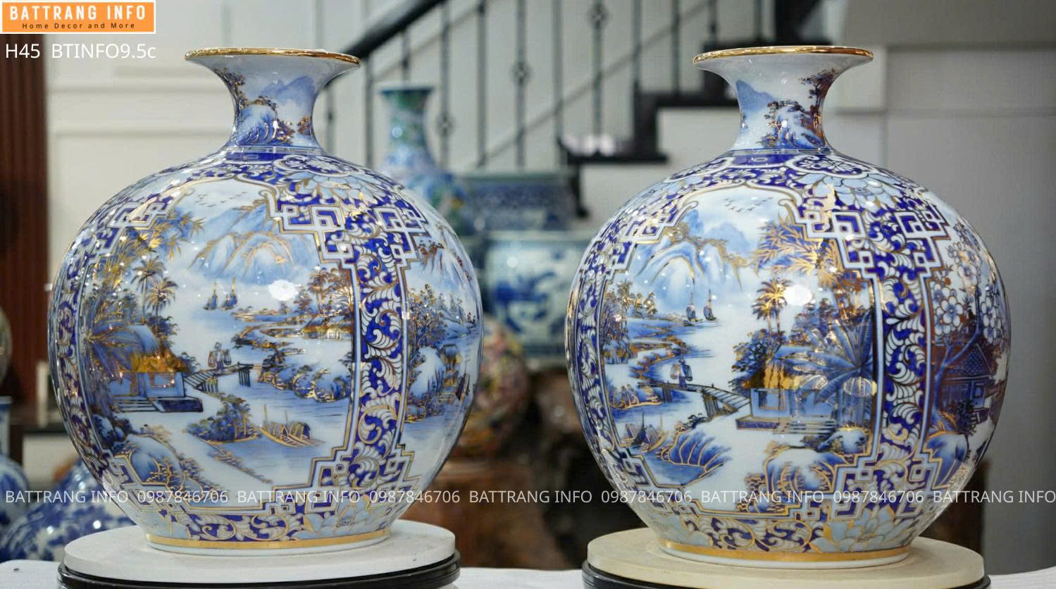 Bình Hút Lộc Tứ Cảnh Sơn Thủy Vẽ Vàng 24K Cao 45cm Cao Cấp Bát Tràng