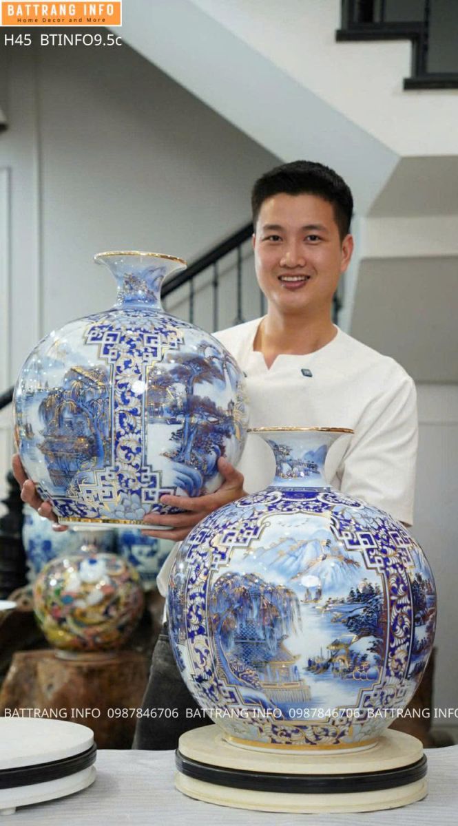 Bình Hút Lộc Tứ Cảnh Sơn Thủy Vẽ Vàng 24K Cao 45cm Cao Cấp Bát Tràng – Tuyệt Tác Phong Thủy