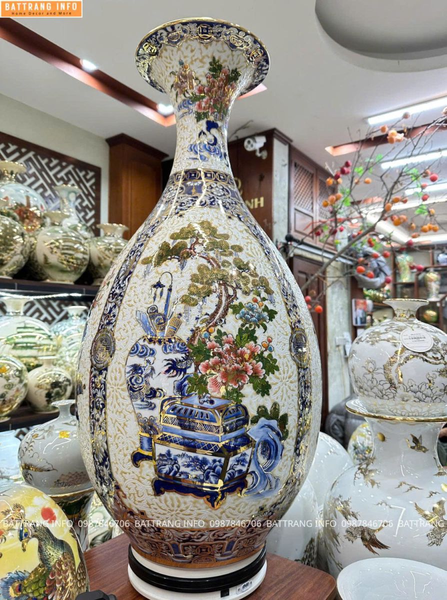 Tỳ bà tứ cảnh cổ đồ nền gấm vẽ vàng 24K VIP Bát Tràng 2