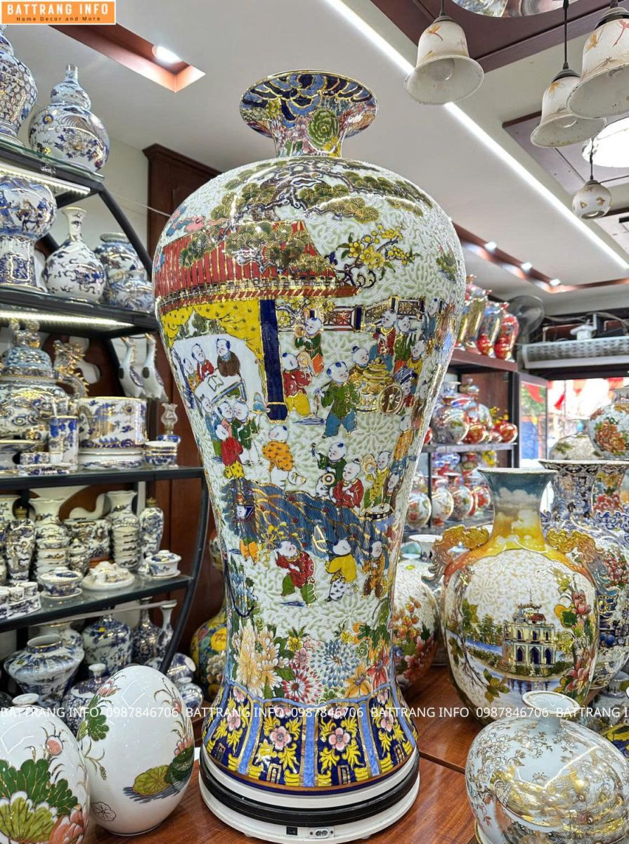 Mai Bình “Bách Nhi Bách Phúc” nền gấm vẽ vàng 24K