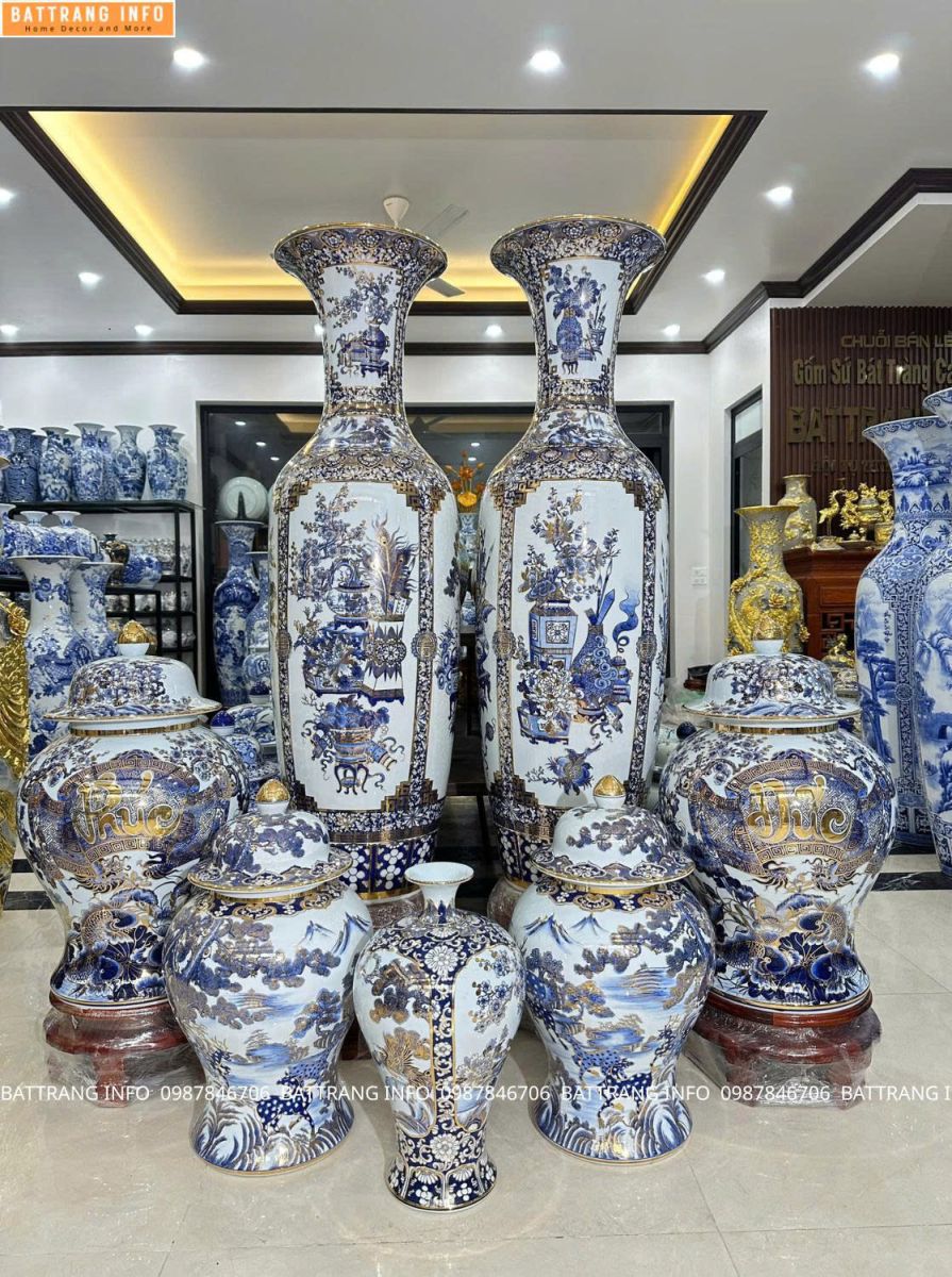 Combo Lộc Bình Tứ Cảnh & Chóe Phúc Đức – Mai Bình Tứ Cảnh Men Lam Vẽ Tay Vàng 24K Cao Cấp Bát Tràng 2