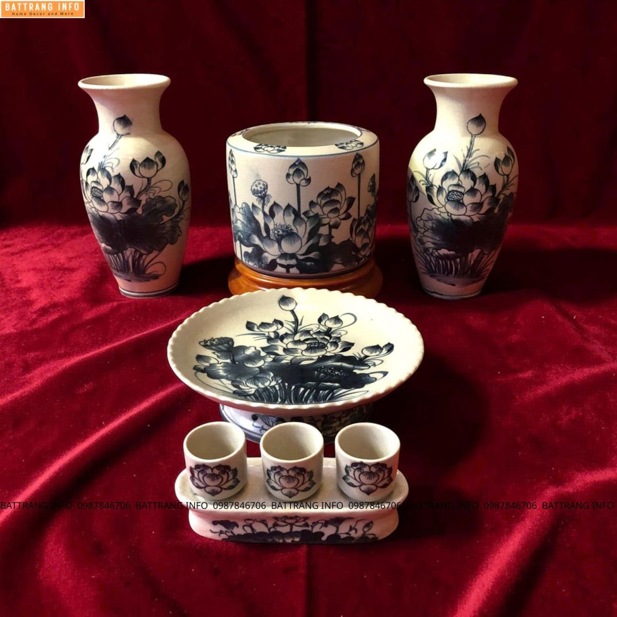 Bộ Đồ Thờ Men Rạn Vẽ Tay Họa Tiết Hoa Sen Cao Cấp Bát Tràng