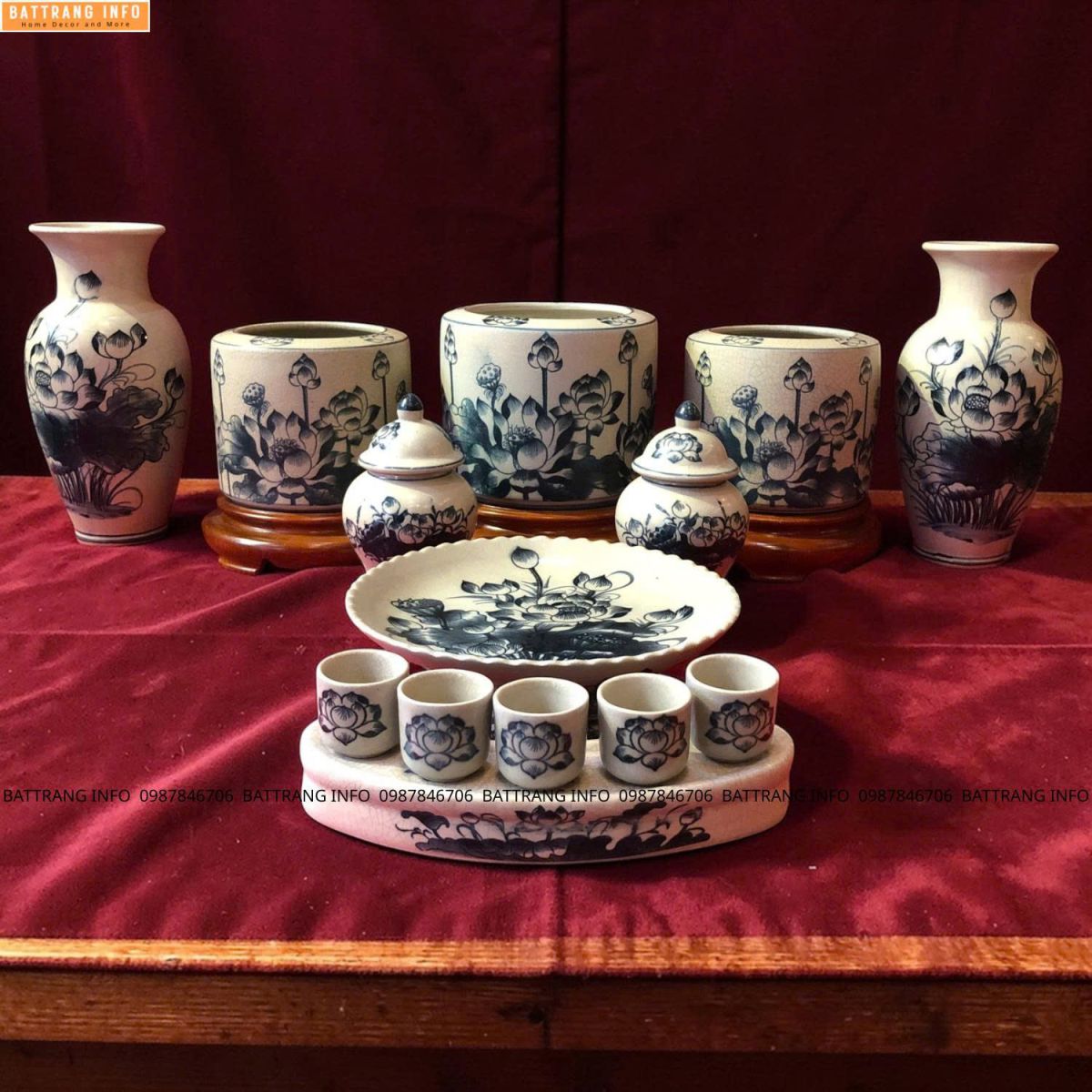 Bộ Đồ Thờ Men Rạn Vẽ Tay Họa Tiết Hoa Sen Cao Cấp Bát Tràng