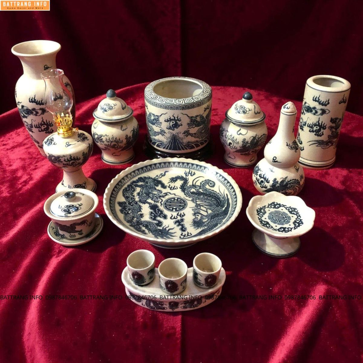 Bộ Đồ Thờ Men Rạn Vẽ Tay Họa Tiết Rồng – Gốm Sứ Bát Tràng Cao Cấp