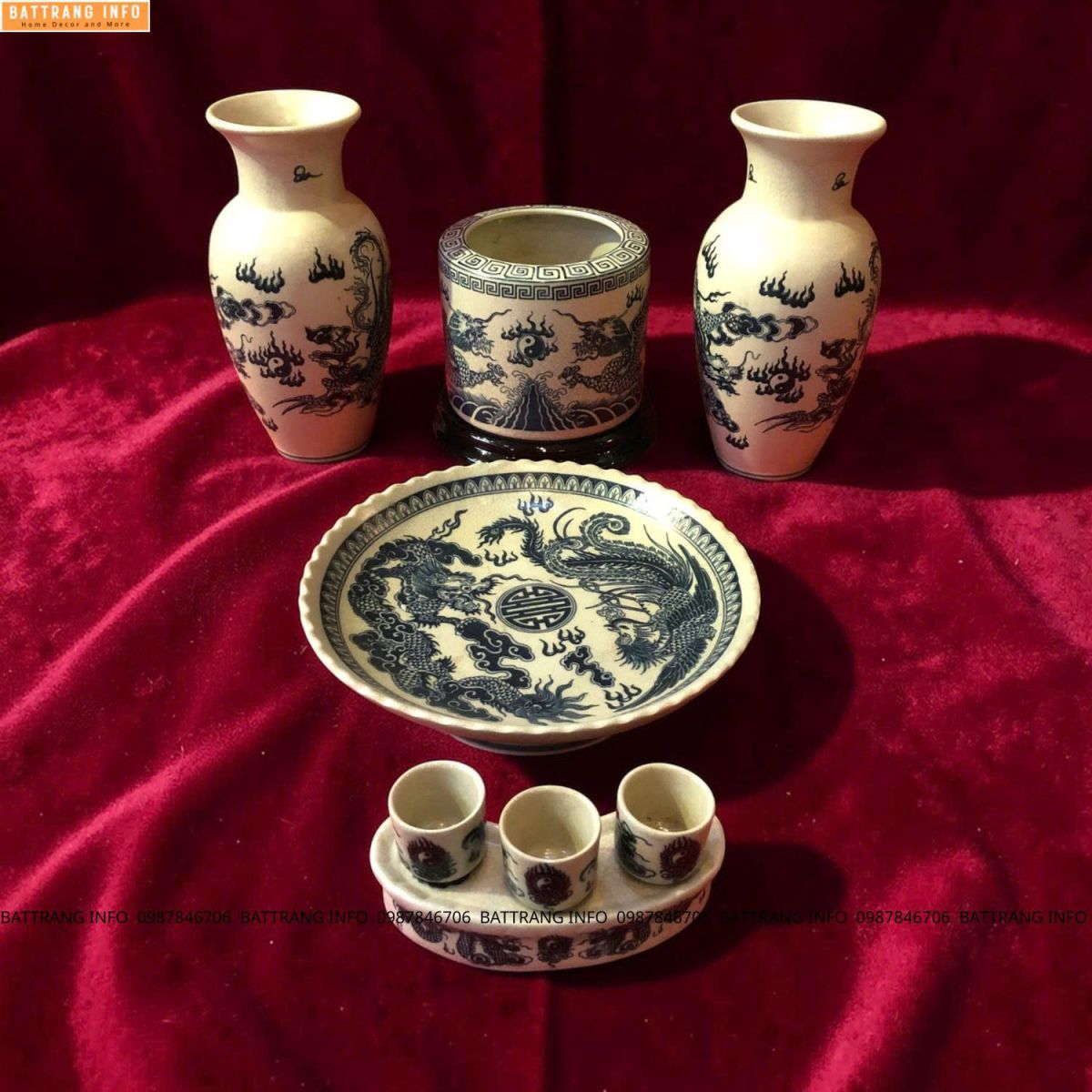 Bộ Đồ Thờ Men Rạn Vẽ Tay Họa Tiết Rồng – Gốm Sứ Bát Tràng Cao Cấp