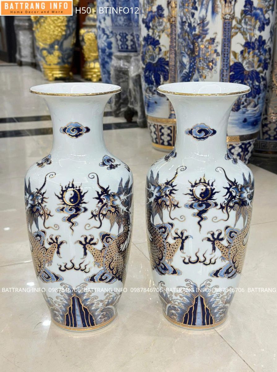 Lọ Hoa Song Long Men Lam Vẽ Vàng 24K Cao 50cm Cao Cấp Bát Tràng