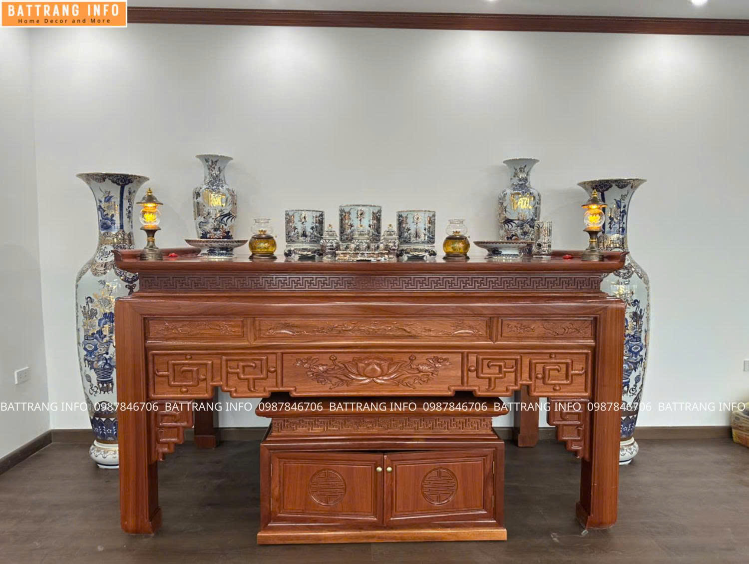 Full Bộ Đồ Thờ + Lộc Bình Men Lam Khử VIP Cao Cấp Bát Tràng Cho Gia Chủ Tại Gamuda, Hà Nội