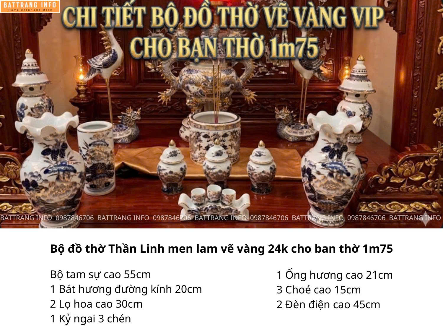 Bộ đồ thờ Thần Linh men lam vẽ vàng 24K cao cấp Bát Tràng cho ban thờ 1m75 – Chuẩn phong thủy, nâng tầm không gian thờ cúng