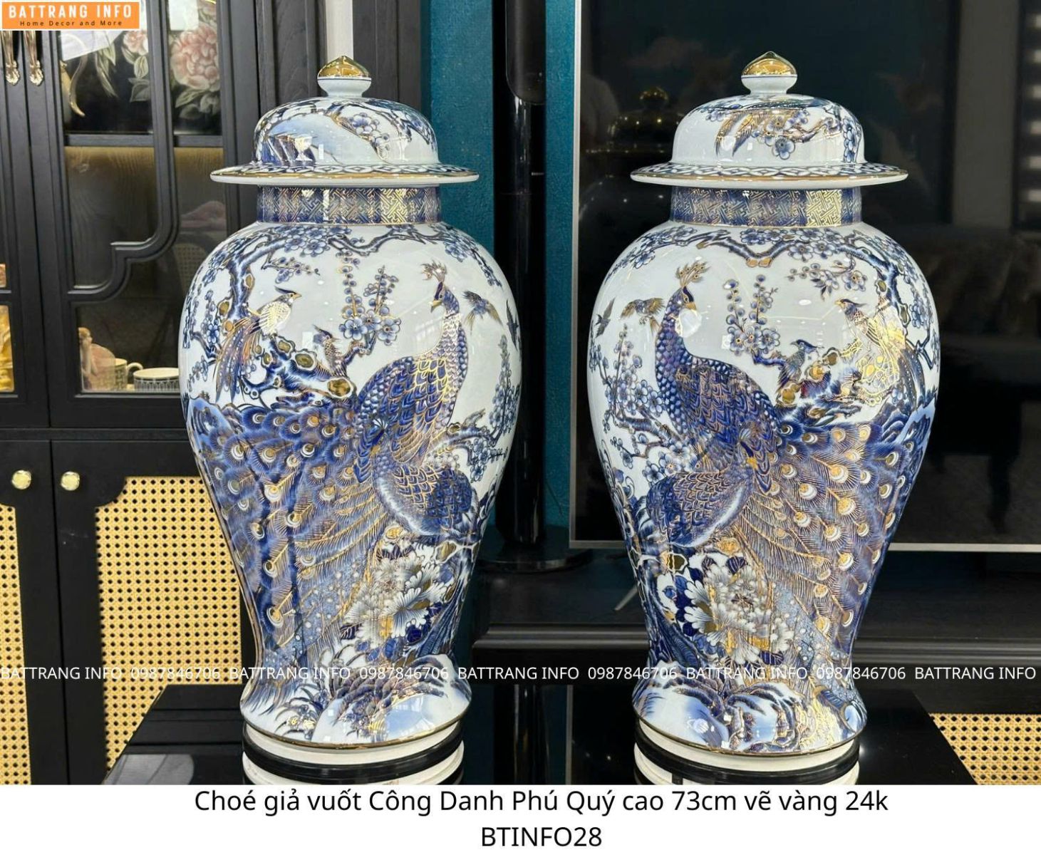 Cặp Chóe Giả Vuốt Công Danh Phú Quý Cao 73cm – Men Lam Vẽ Tay Vàng 24K Cao Cấp Bát Tràng