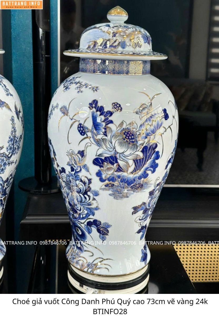 Cặp Chóe Giả Vuốt Công Danh Phú Quý Cao 73cm – Men Lam Vẽ Tay Vàng 24K Cao Cấp Bát Tràng 2