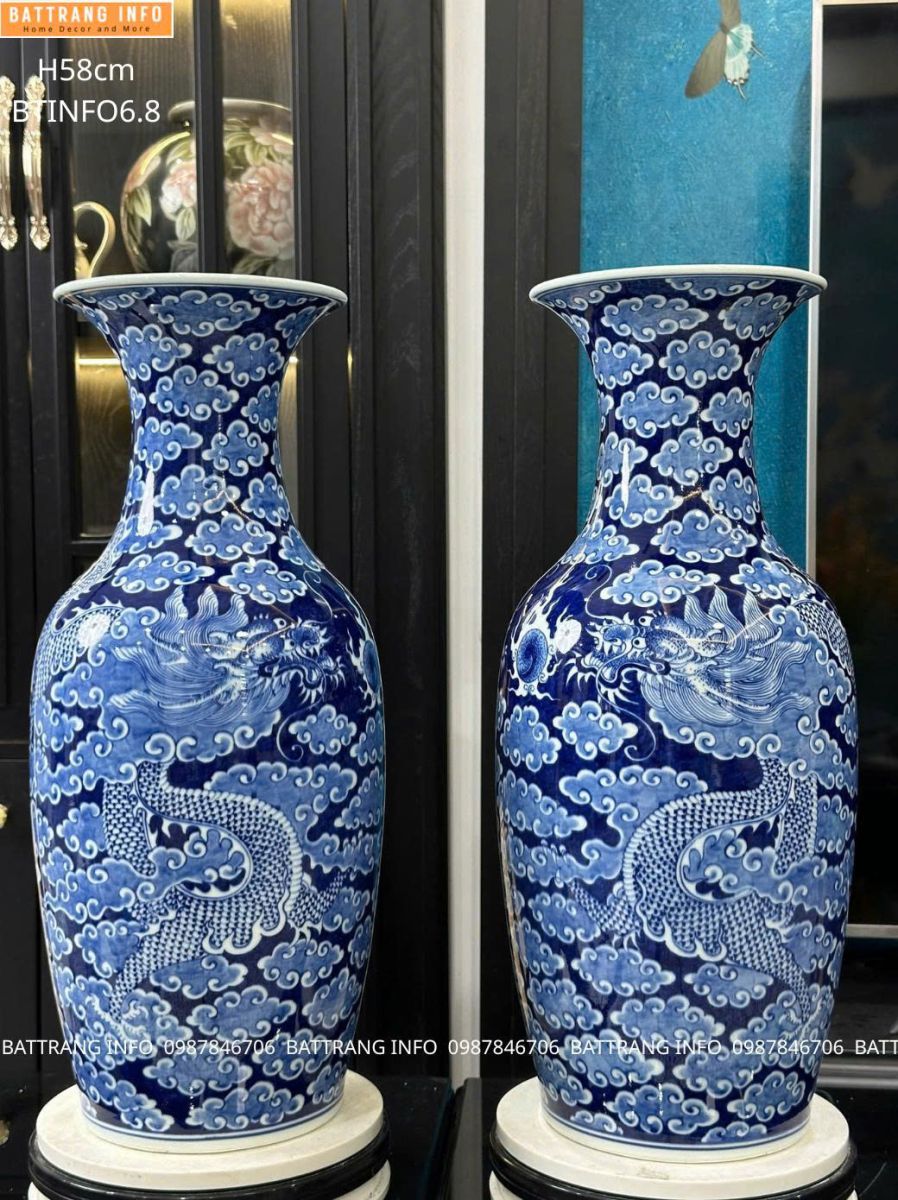 Lộc Bình Long Ẩn Men Lam Vẽ Tay H58 Cao Cấp Bát Tràng