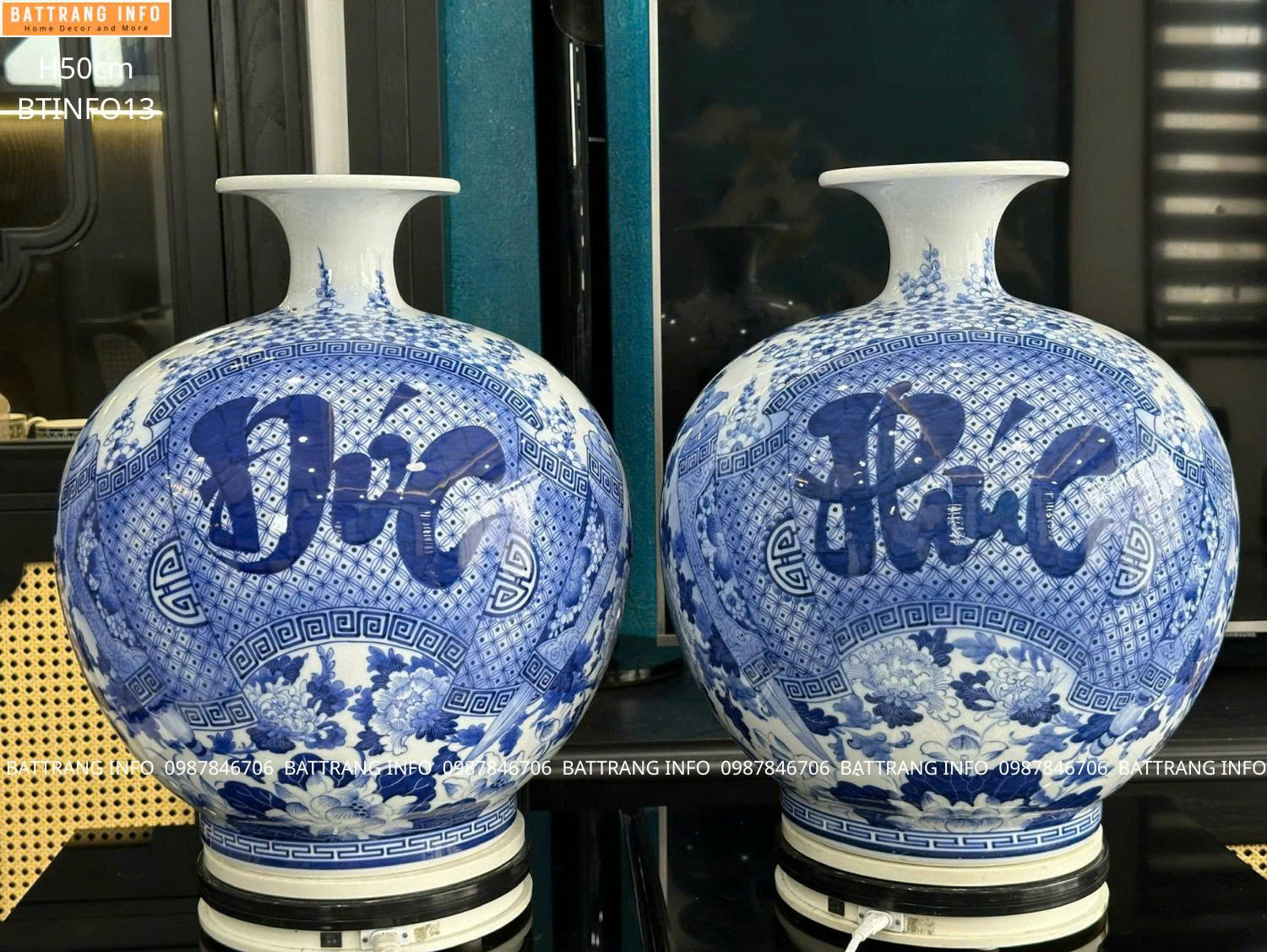 Bóng Hút Lộc Men Lam Vẽ Tay Chữ Phúc Đức Cao 50cm Cao Cấp Bát Tràng