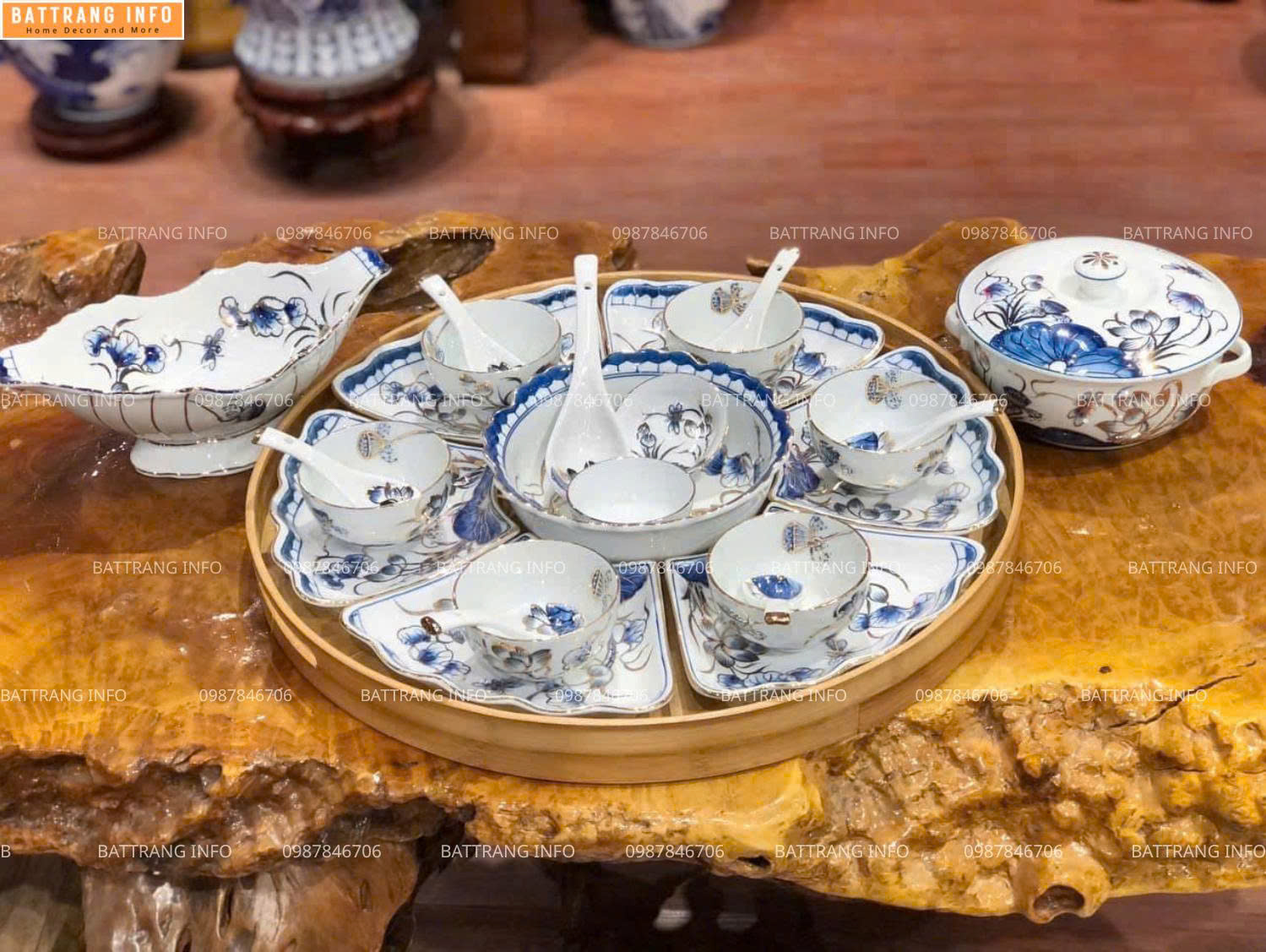 Bộ bát đĩa mặt trời vẽ sen vẽ vàng cao cấp Bát Tràng P45
